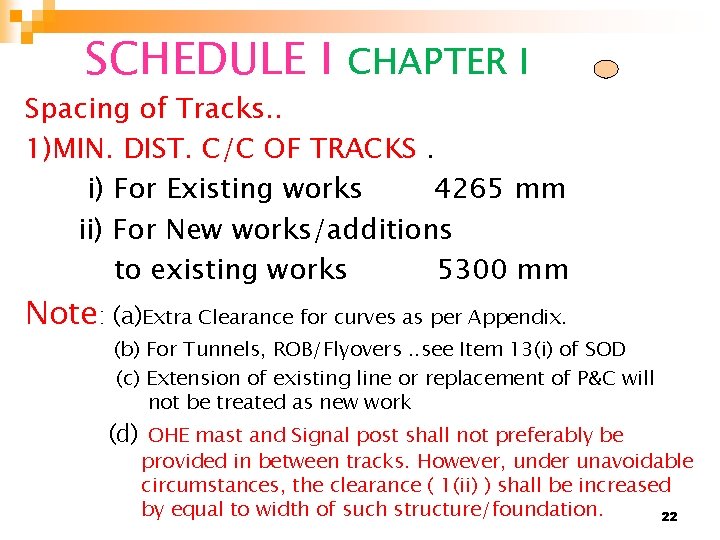 SCHEDULE I CHAPTER I Spacing of Tracks. . 1)MIN. DIST. C/C OF TRACKS. i)