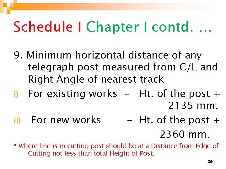 Schedule I Chapter I contd. … 9. Minimum horizontal distance of any telegraph post