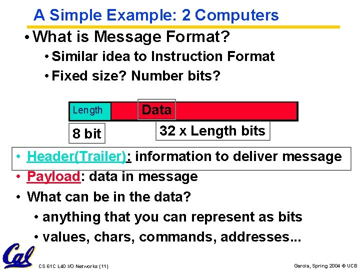 A Simple Example: 2 Computers • What is Message Format? • Similar idea to