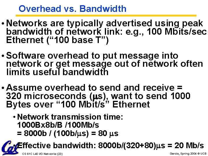 Overhead vs. Bandwidth • Networks are typically advertised using peak bandwidth of network link:
