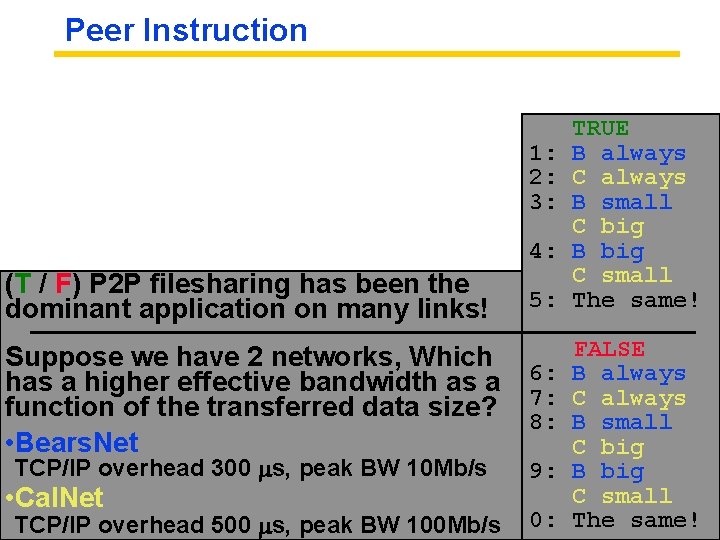 Peer Instruction 1: 2: 3: 4: (T / F) P 2 P filesharing has