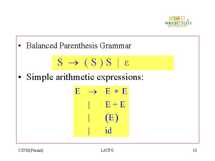• Balanced Parenthesis Grammar S (S)S | ε • Simple arithmetic expressions: CS • Balanced Parenthesis Grammar S (S)S | ε • Simple arithmetic expressions: CS