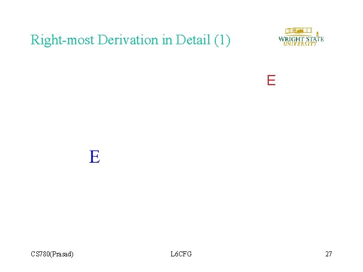 Right-most Derivation in Detail (1) E CS 780(Prasad) L 6 CFG 27 Right-most Derivation in Detail (1) E CS 780(Prasad) L 6 CFG 27