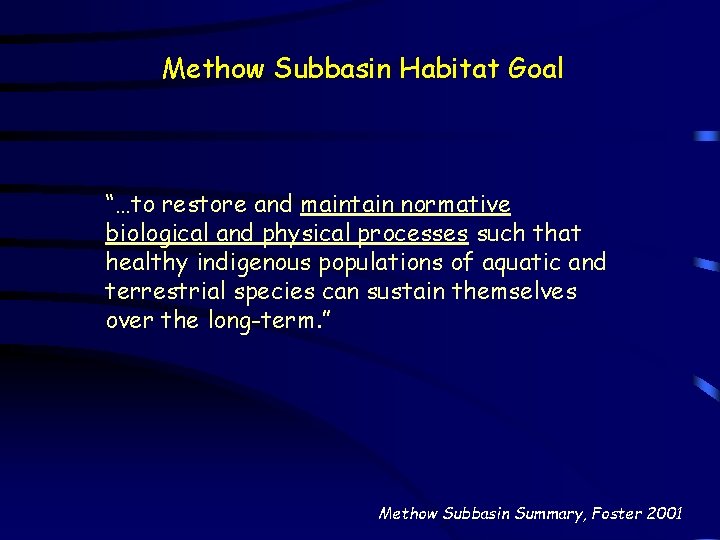 Methow Subbasin Habitat Goal “…to restore and maintain normative biological and physical processes such