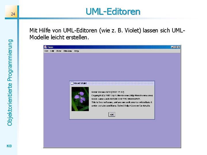 Objektorientierte Programmierung 24 KB UML-Editoren Mit Hilfe von UML-Editoren (wie z. B. Violet) lassen