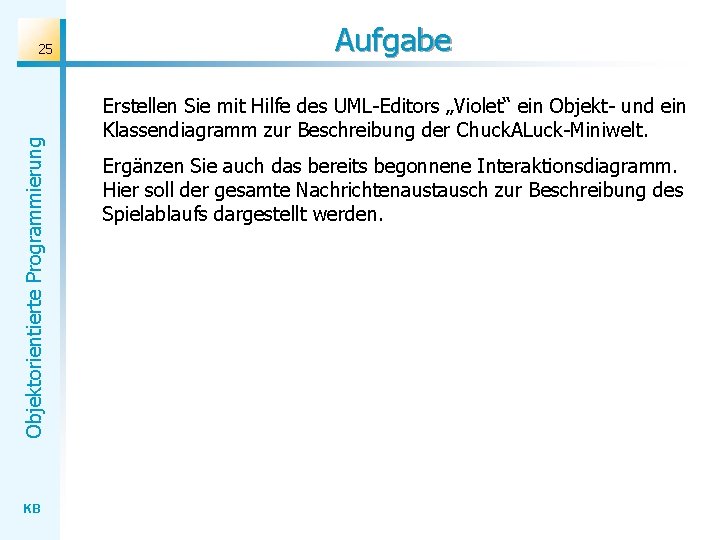 Objektorientierte Programmierung 25 KB Aufgabe Erstellen Sie mit Hilfe des UML-Editors „Violet“ ein Objekt-