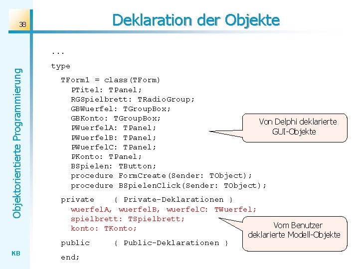 Deklaration der Objekte 38 Objektorientierte Programmierung . . . KB type TForm 1 =