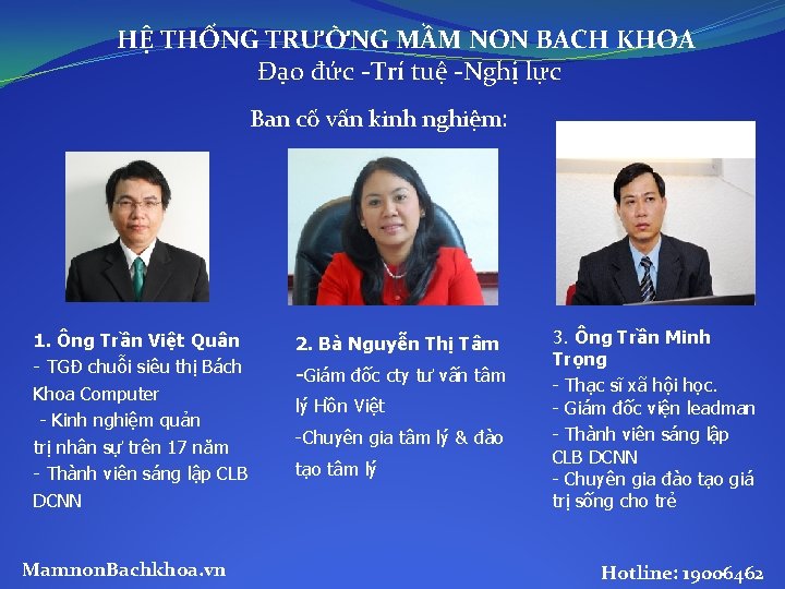 HỆ THỐNG TRƯỜNG MẦM NON BACH KHOA Đạo đức -Trí tuệ -Nghị lực Ban