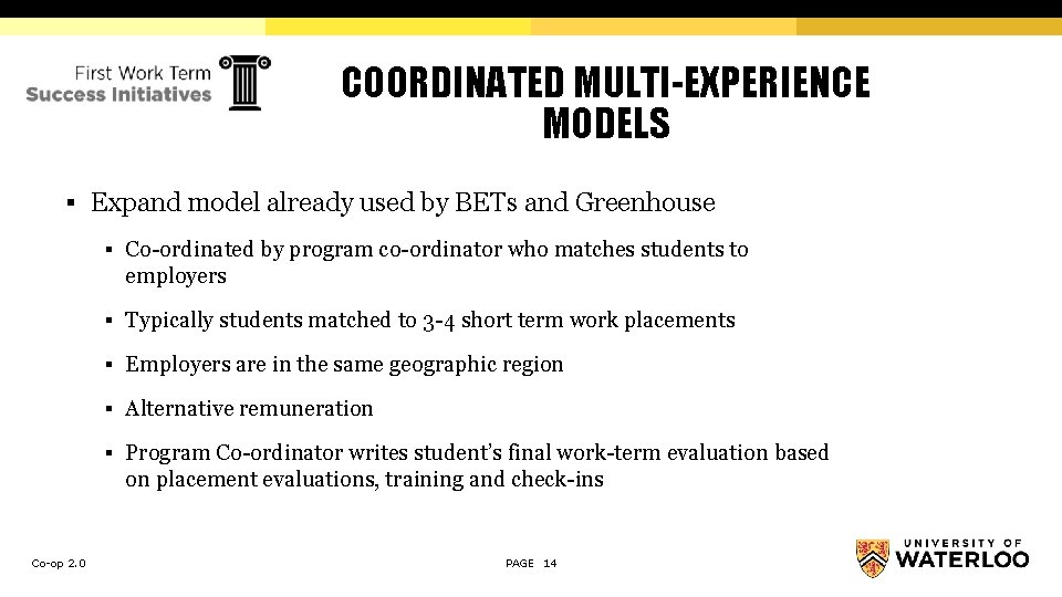COORDINATED MULTI-EXPERIENCE MODELS § Expand model already used by BETs and Greenhouse § Co-ordinated