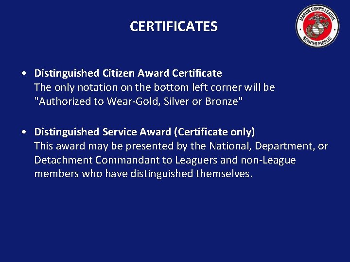 CERTIFICATES • Distinguished Citizen Award Certificate The only notation on the bottom left corner