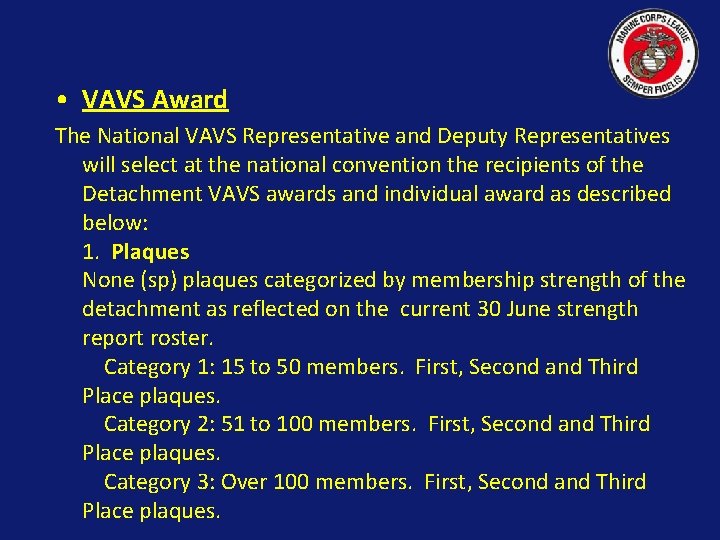  • VAVS Award The National VAVS Representative and Deputy Representatives will select at
