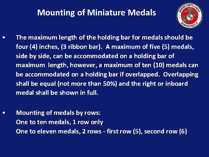 Mounting of Miniature Medals • The maximum length of the holding bar for medals