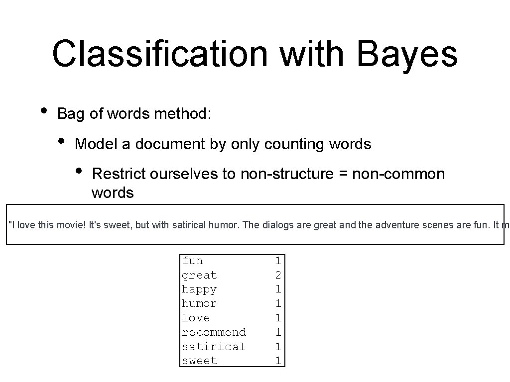 Classification with Bayes • Bag of words method: • Model a document by only