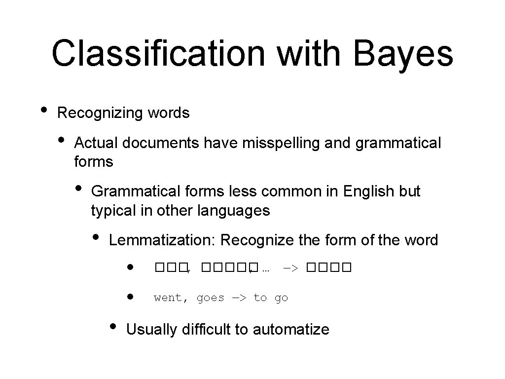 Classification with Bayes • Recognizing words • Actual documents have misspelling and grammatical forms