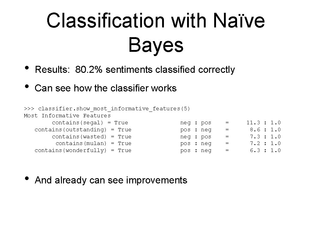 Classification with Naïve Bayes • • Results: 80. 2% sentiments classified correctly Can see