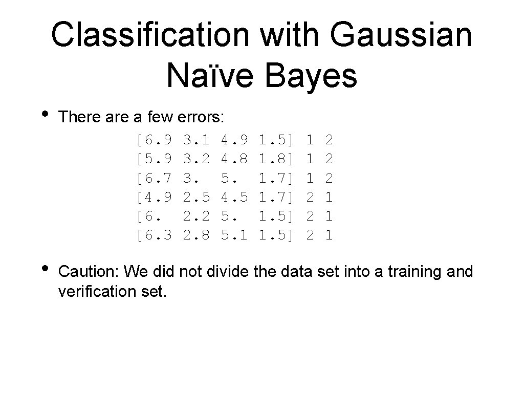 Classification with Gaussian Naïve Bayes • • There a few errors: [6. 9 3.