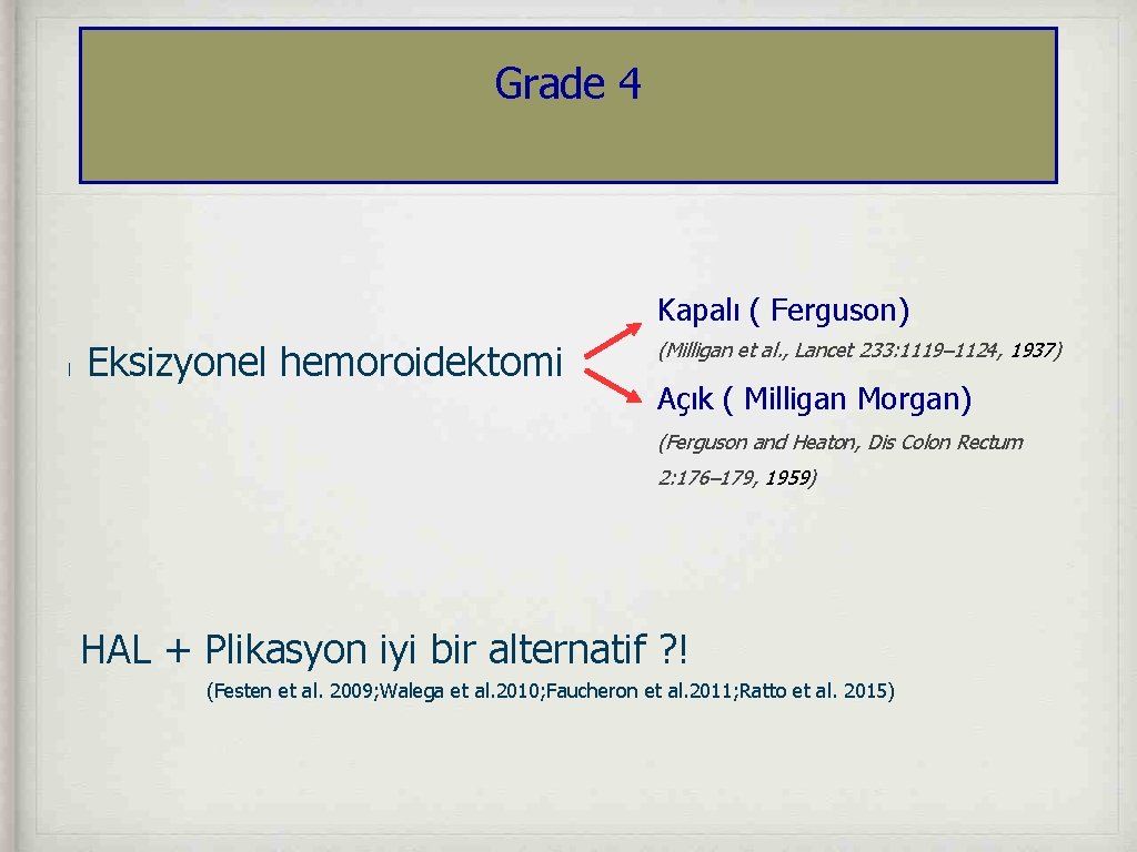 Grade 4 Kapalı ( Ferguson) l Eksizyonel hemoroidektomi (Milligan et al. , Lancet 233: