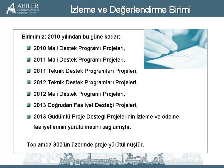 İzleme ve Değerlendirme Birimimiz; 2010 yılından bu güne kadar; 2010 Mali Destek Programı Projeleri,