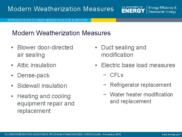 Modern Weatherization Measures INTRODUCTION TO WEATHERIZATION FOR AUDITORS Modern Weatherization Measures • Blower door-directed