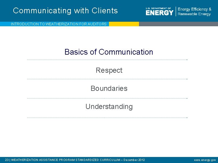 Communicating with Clients INTRODUCTION TO WEATHERIZATION FOR AUDITORS Basics of Communication Respect Boundaries Understanding