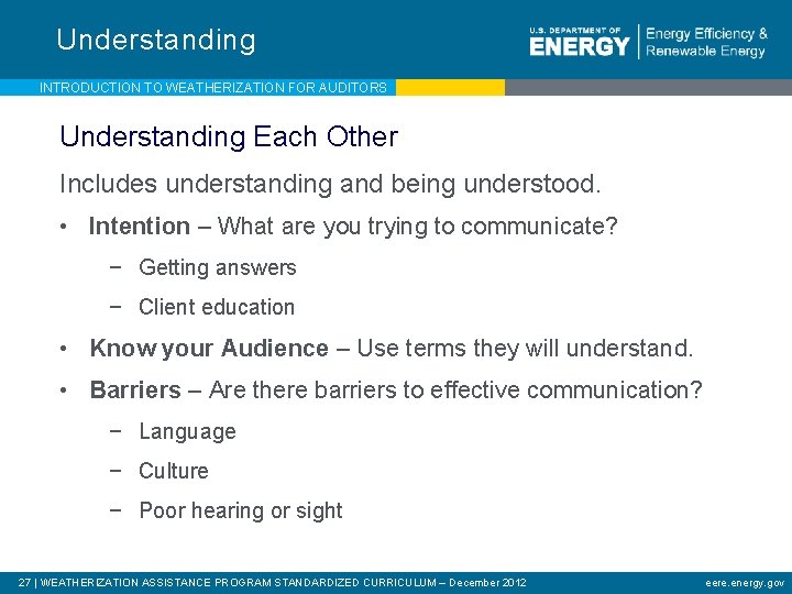 Understanding INTRODUCTION TO WEATHERIZATION FOR AUDITORS Understanding Each Other Includes understanding and being understood.