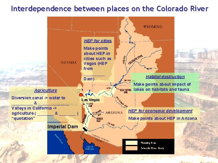Interdependence between places on the Colorado River HEP for cities Make points about HEP