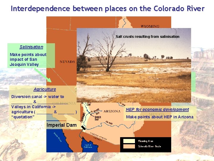 Interdependence between places on the Colorado River HEP for cities Salinisation Make points about