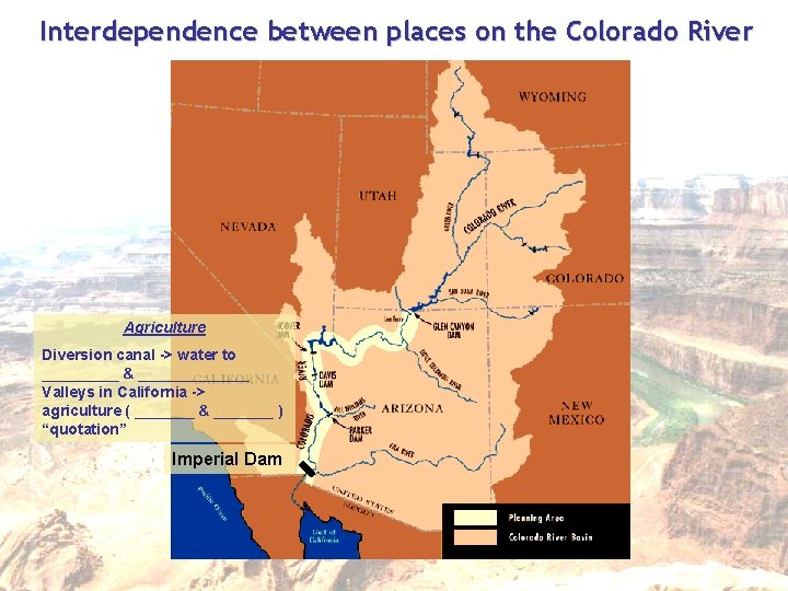 Interdependence between places on the Colorado River Agriculture Diversion canal -> water to _____