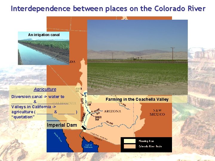 Interdependence between places on the Colorado River An irrigation canal Agriculture Diversion canal ->