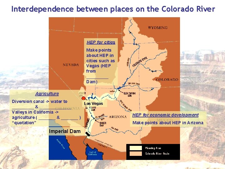 Interdependence between places on the Colorado River HEP for cities Make points about HEP