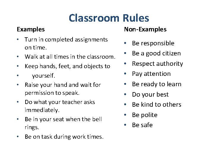 Examples Classroom Rules • Turn in completed assignments on time. • Walk at all