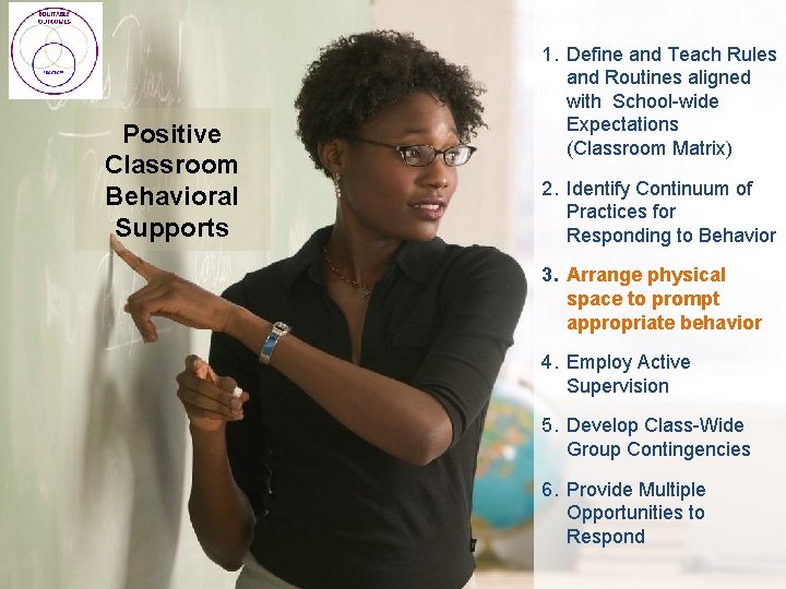 Positive Classroom Behavioral Supports 1. Define and Teach Rules and Routines aligned with School-wide