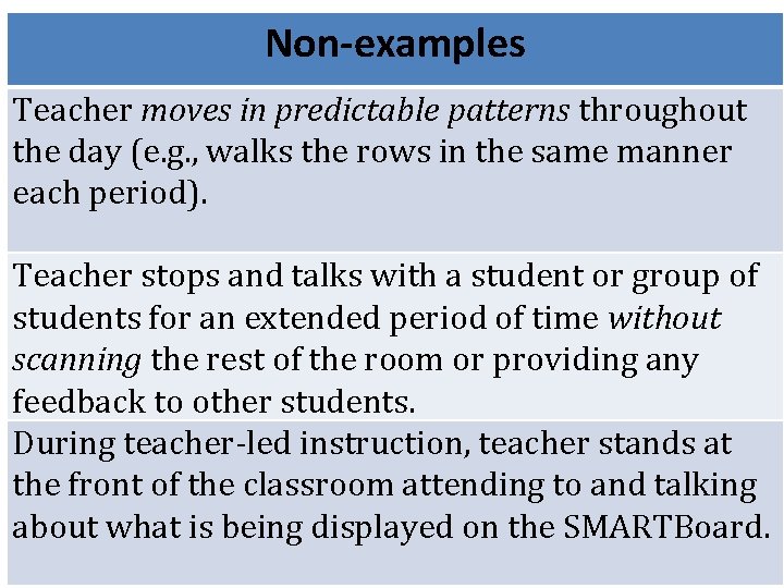 Non-examples Teacher moves in predictable patterns throughout the day (e. g. , walks the