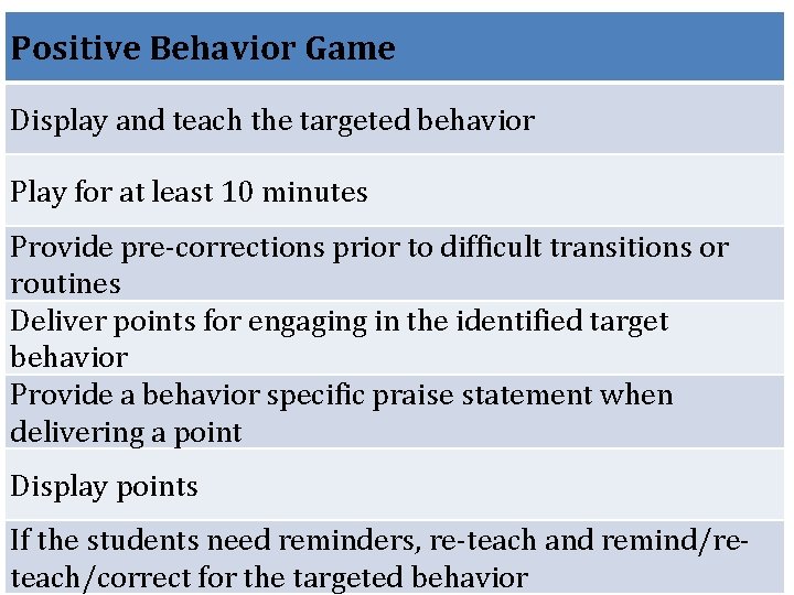 Positive Behavior Game Display and teach the targeted behavior Play for at least 10