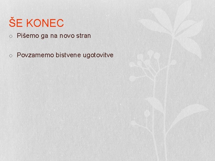 ŠE KONEC o Pišemo ga na novo stran o Povzamemo bistvene ugotovitve 