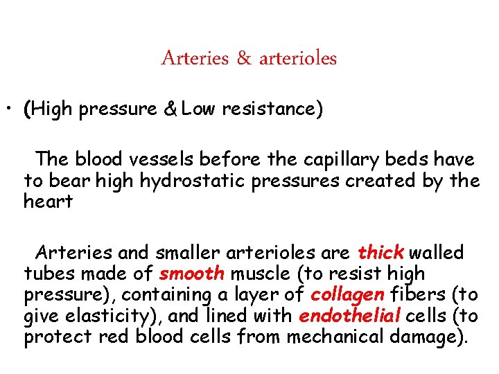 Arteries & arterioles • (High pressure & Low resistance) The blood vessels before the