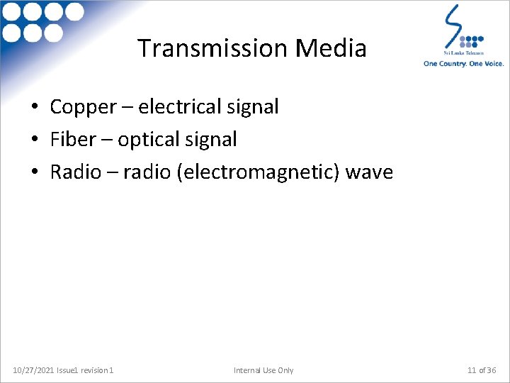 Transmission Media • Copper – electrical signal • Fiber – optical signal • Radio