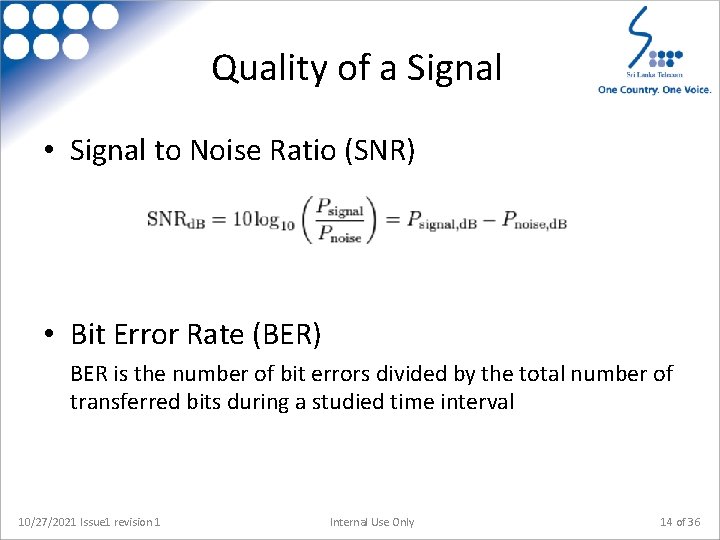 Quality of a Signal • Signal to Noise Ratio (SNR) • Bit Error Rate