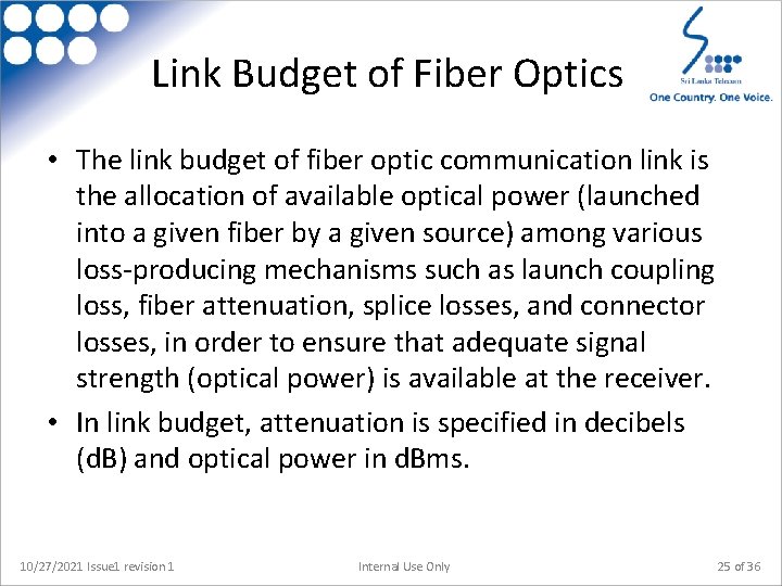Link Budget of Fiber Optics • The link budget of fiber optic communication link