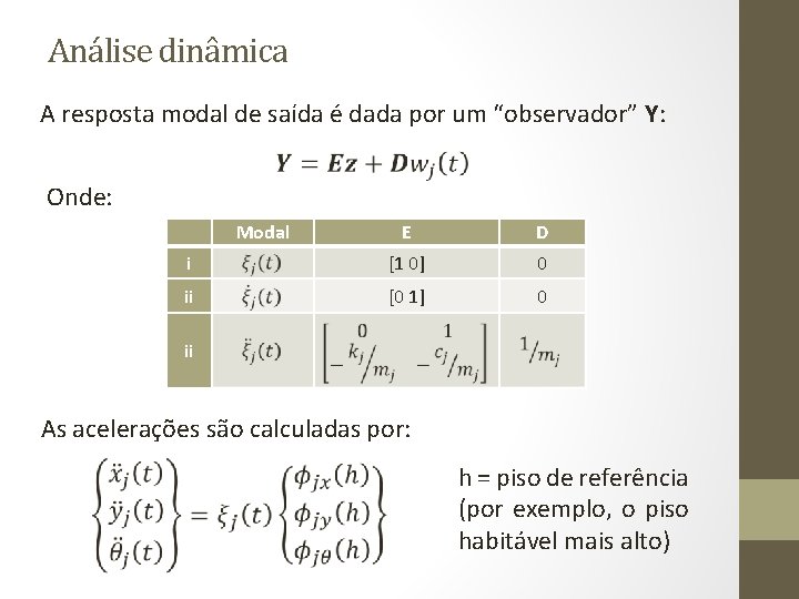 Análise dinâmica A resposta modal de saída é dada por um “observador” Y: Onde: