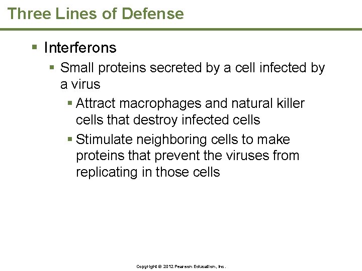 Three Lines of Defense § Interferons § Small proteins secreted by a cell infected