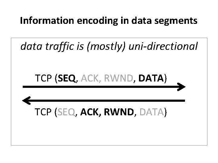 Information encoding in data segments data traffic is (mostly) uni-directional TCP (SEQ, ACK, RWND,