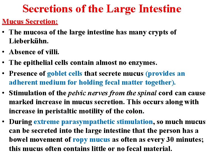 Secretions of the Large Intestine Mucus Secretion: • The mucosa of the large intestine