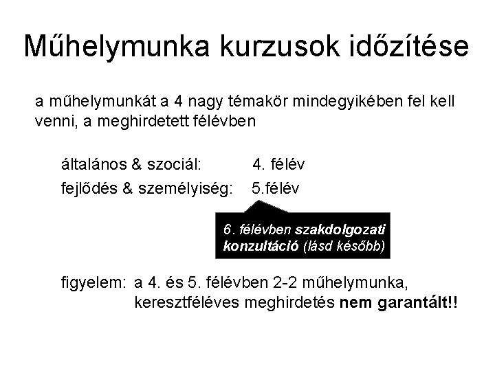 Műhelymunka kurzusok időzítése a műhelymunkát a 4 nagy témakör mindegyikében fel kell venni, a