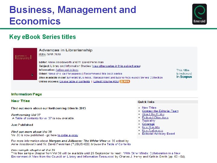 Business, Management and Economics Key e. Book Series titles 