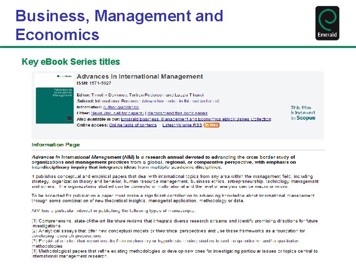 Business, Management and Economics Key e. Book Series titles 