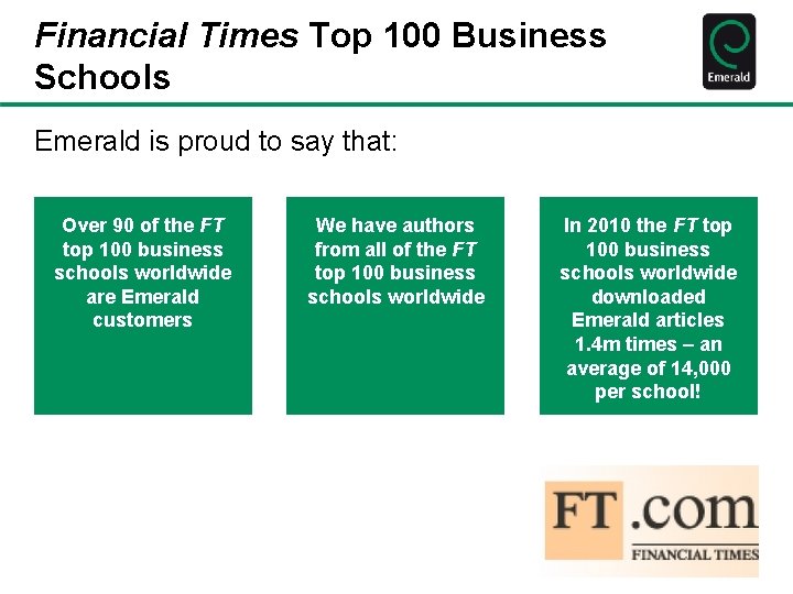 Financial Times Top 100 Business Schools Emerald is proud to say that: Over 90
