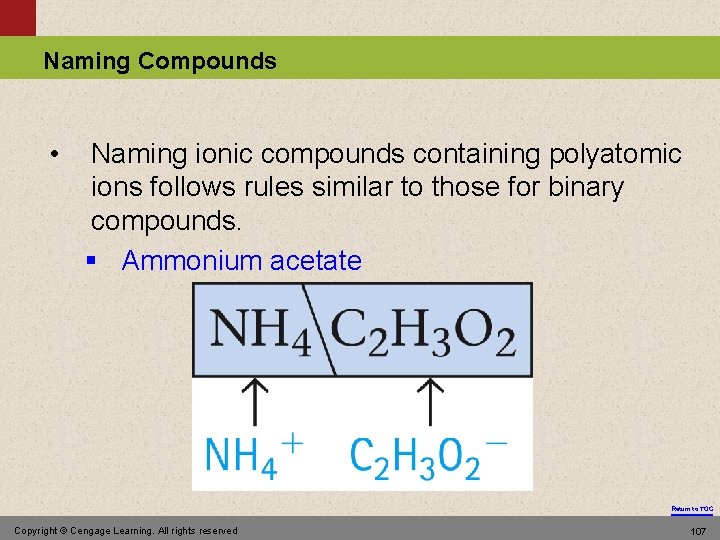 Naming Compounds • Naming ionic compounds containing polyatomic ions follows rules similar to those