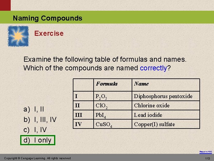 Naming Compounds Exercise Examine the following table of formulas and names. Which of the