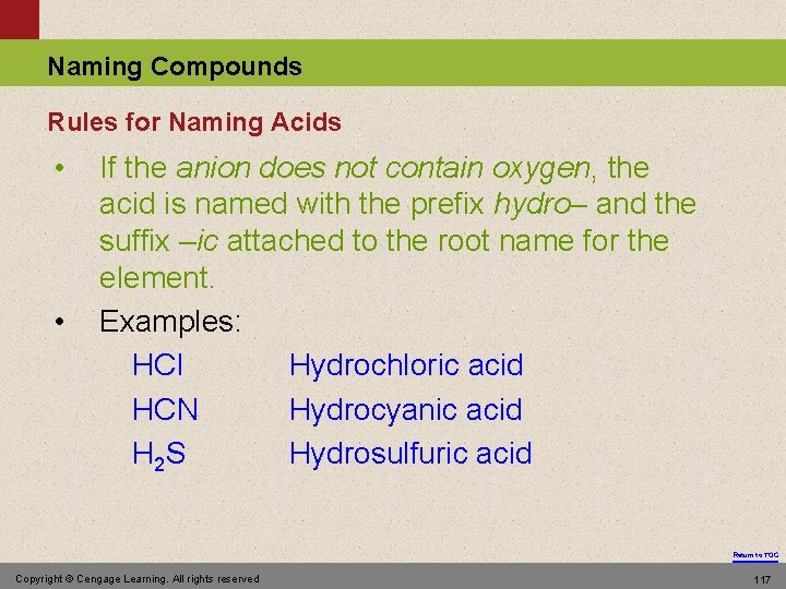 Naming Compounds Rules for Naming Acids • • If the anion does not contain